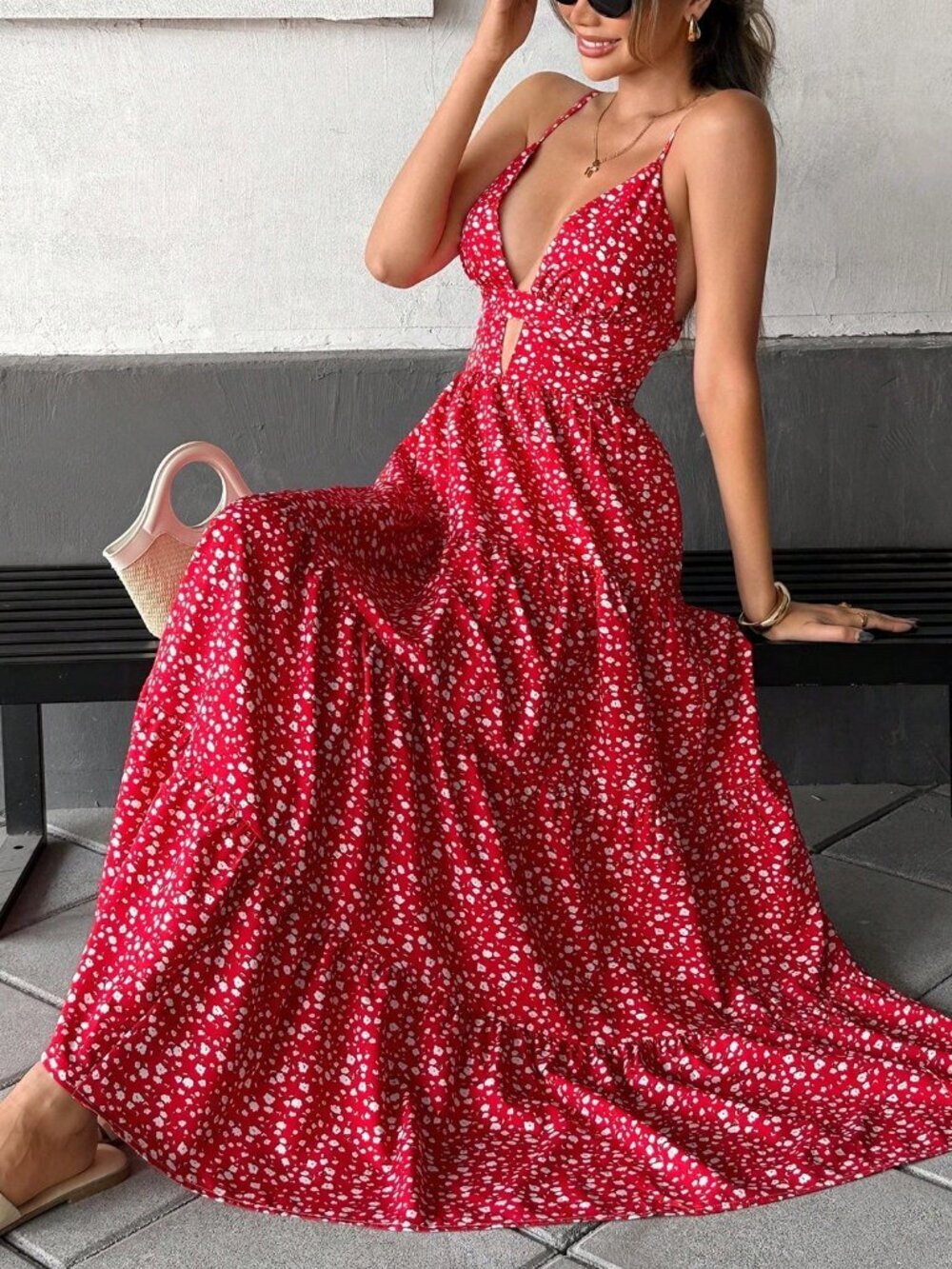 Red Boho Women's Floral Maxi Dress with Deep V Neck, Backless